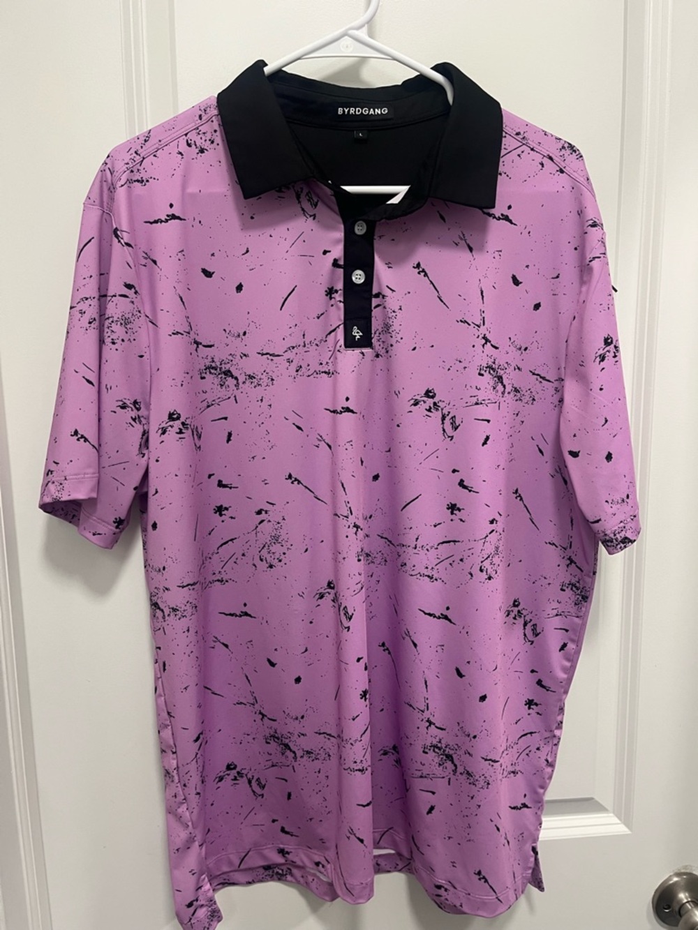 Byrdgang Men's Golf Polo Shirt Size Large Paint Splatter Pattern Pink And Black